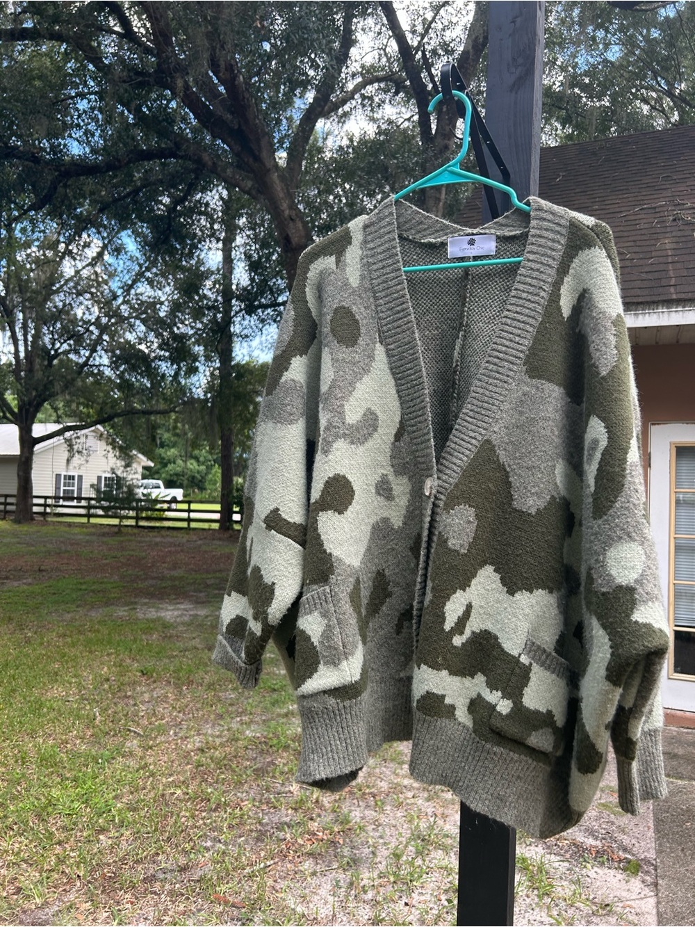Olive Camouflage Open-Front Cardigan Sweater